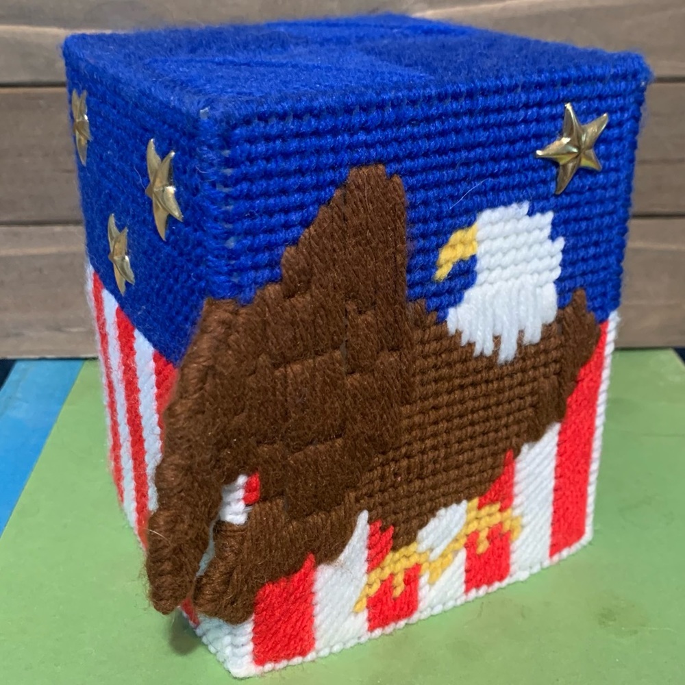 Handmade Finished Plastic Canvas Cube Tissue Holder Bald Eagle American Flag